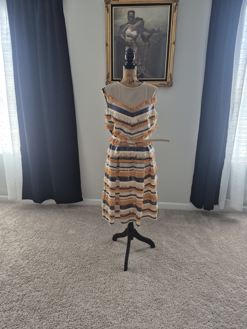 & Other Stories Sleeveless Stripe Fringe Midi Dress in Cream, Mustard & Navy